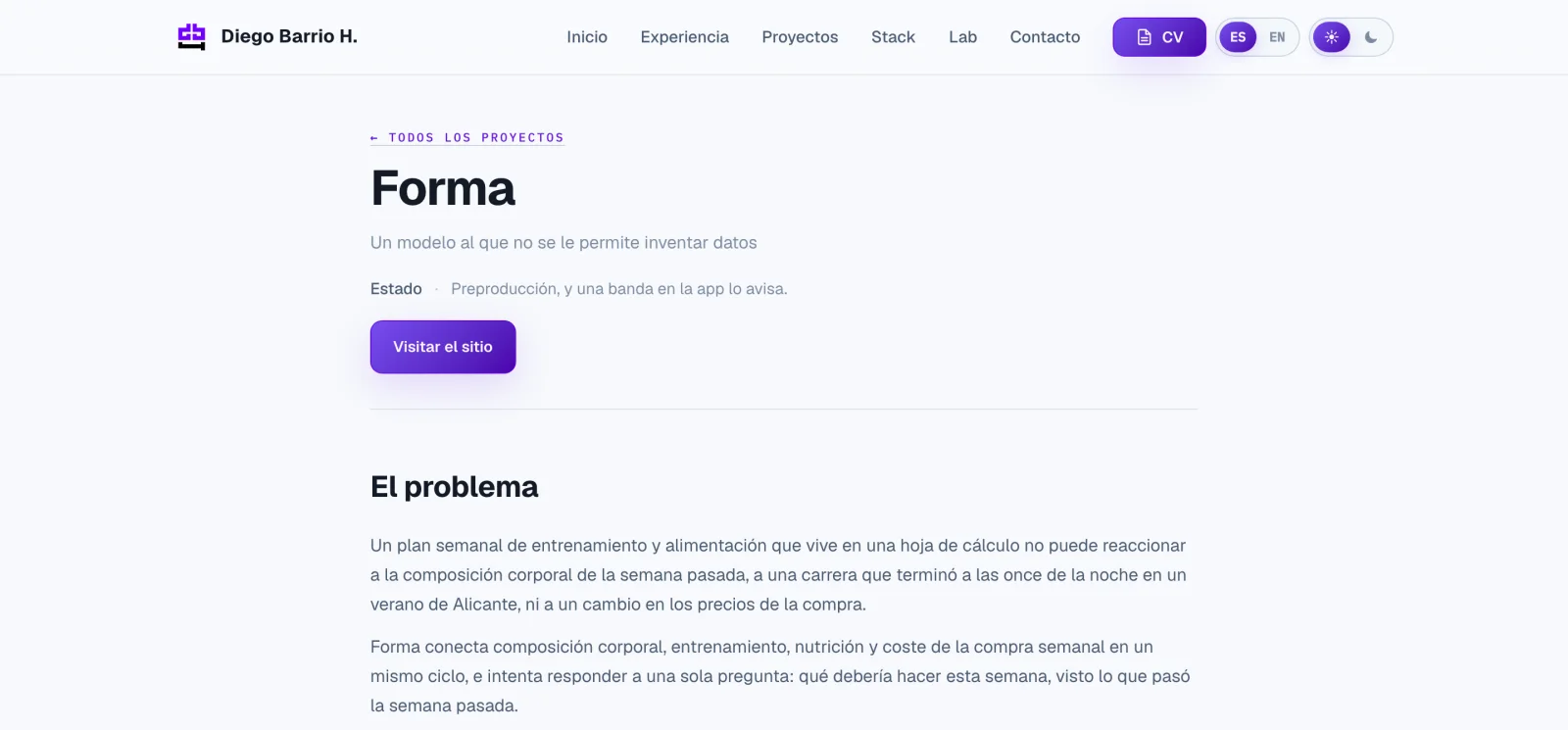 The Forma page on diegobarrioh.dev. Top right, the language and theme switchers turned into two real halves: each side is a button that sets its own value.