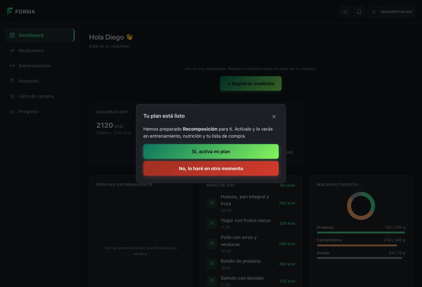 Modal de activación sobre el dashboard de Forma: título "Tu plan está listo", texto explicando que se ha preparado el plan Recomposición y se verá en entrenamiento, nutrición y lista de compra, con un botón verde "Sí, activa mi plan" y otro rojo "No, lo haré en otro momento"