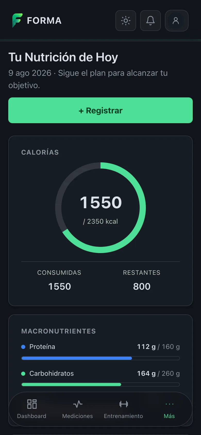 Forma en móvil a 390 px: la pantalla de nutrición con el botón + Registrar a ancho completo, el anillo de calorías centrado con 1550 de 2350 kcal, las barras de macronutrientes debajo y la barra de navegación flotante translúcida abajo