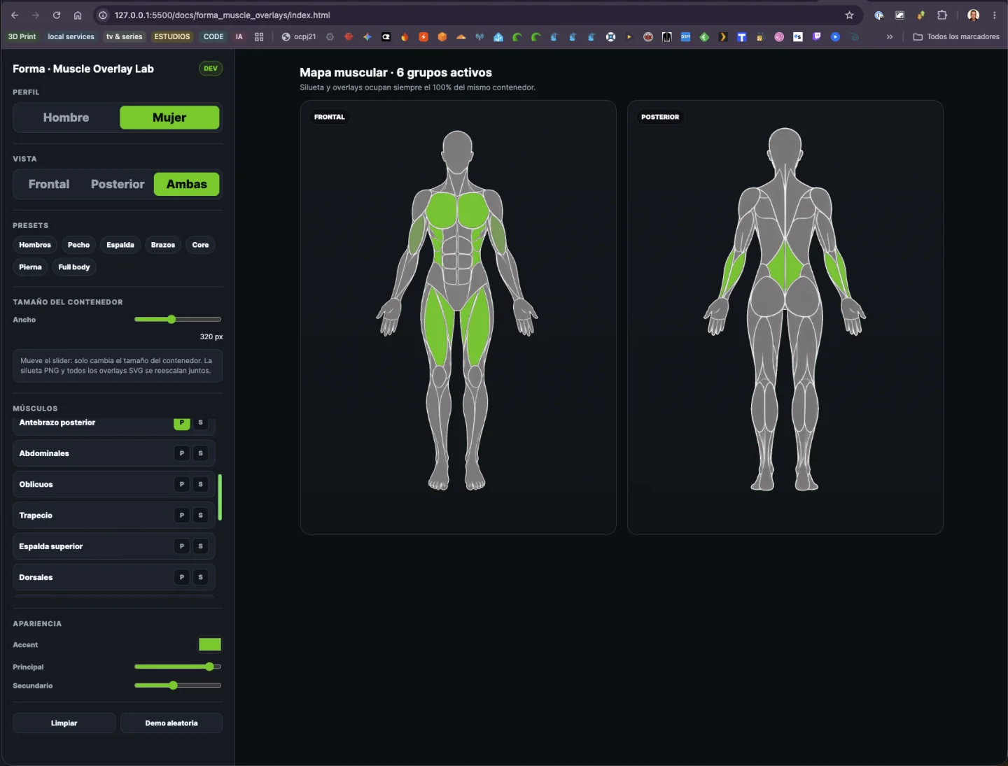 El mismo laboratorio con el perfil Mujer seleccionado y el título "Mapa muscular · 6 grupos activos": las siluetas femeninas frontal y posterior con pectoral, deltoides, cuádriceps y aductores encendidos en verde en la vista frontal, y trapecio, lumbar y antebrazos en la posterior; en el panel izquierdo se ven los músculos Antebrazo posterior, Abdominales, Oblicuos, Trapecio, Espalda superior y Dorsales con sus botones P y S