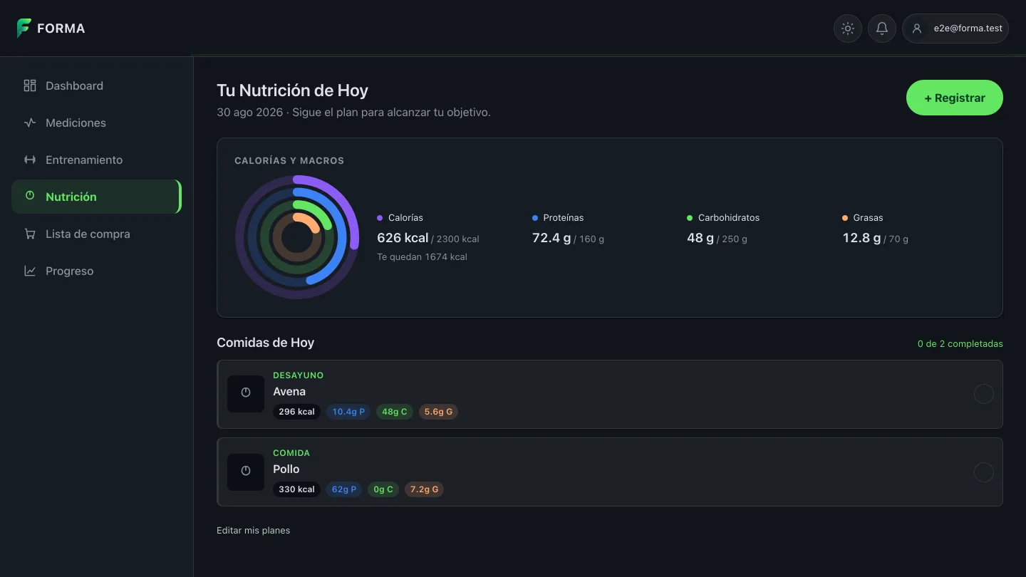 Página de Nutrición de Forma en escritorio: la tarjeta Calorías y macros con los cuatro aros concéntricos a la izquierda —violeta para calorías, azul para proteínas, verde para carbohidratos y naranja para grasas— y a la derecha las cuatro cifras con su objetivo (626 de 2300 kcal, 72.4 de 160 g de proteína, 48 de 250 g de carbohidratos, 12.8 de 70 g de grasas) y el texto Te quedan 1674 kcal; debajo la lista Comidas de Hoy con Desayuno Avena y Comida Pollo, cada una con sus etiquetas de kcal y macros en los mismos colores