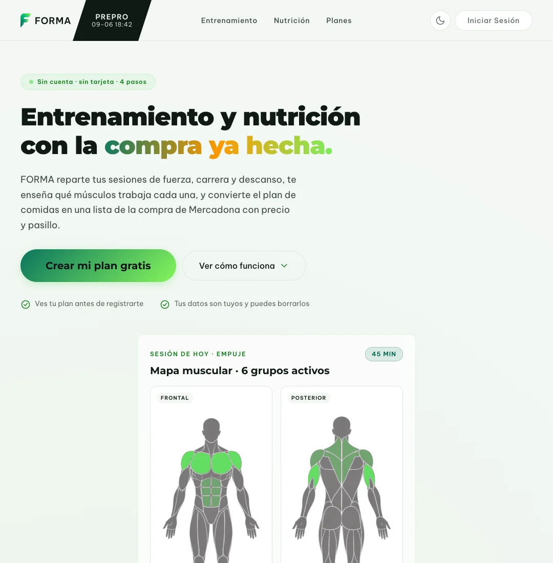 Forma's landing page on a 1080x1920 portrait monitor, now fixed: the hero stacks, the headline reads in full, and the muscle-map card sits underneath with its width capped.