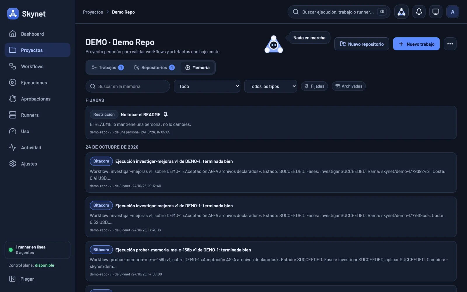 Memory tab of the Demo Repo project. At the top, under Pinned, a restriction "Don't touch the README": "A person maintains the README: don't change it", written by a person. Below, grouped by date, run log entries written by Skynet: "Run investigar-mejoras v1 of DEMO-1: finished well", with workflow, status, phases, branch and costs of 0.41 and 0.32 USD, and another one from probar-memoria with investigate and apply phases